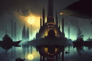 Urban cityscape on water being backlit by a glowing eclipse. Neural network generated art photo