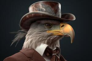 Gentleman, boss bald eagle in hat, suit and tie. Banner header. . photo