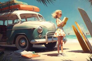 Illustration of a family with a car driving on the road on a trip to the seaside vacation. . photo