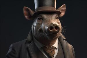 Gentleman, boss wild boar, pig in hat, suit and tie. Banner header. . photo