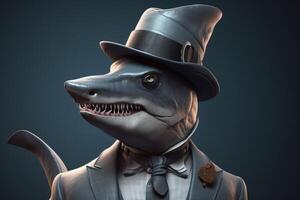 Gentleman shark boss in hat, suit and tie. Banner header. . photo