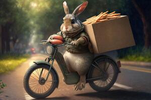 A beautiful illustration, a drawn rabbit delivering products and food in a box. . photo