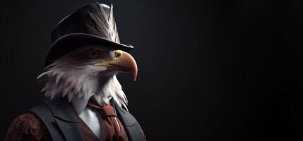 Gentleman, boss bald eagle in hat, suit and tie. Banner header. . photo