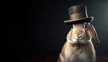 Gentleman, boss fluffy rabbit, hare in a hat, suit and tie. Banner header. . photo