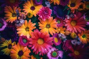 Texture of live mixed field multicolored blooming flowers for background, wallpaper. . photo