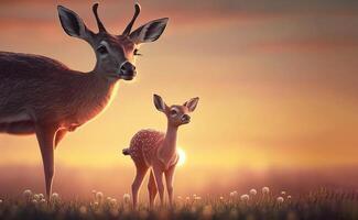 Beautiful deer with a fawn on a background with a sunrise in a clearing. . photo