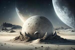 Illustration of space base on moon for astronauts on background of planet. . photo