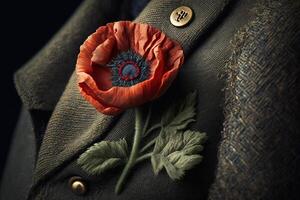 Poppy flower in buttonhole of jacket, symbol of victory in war veteran. . photo