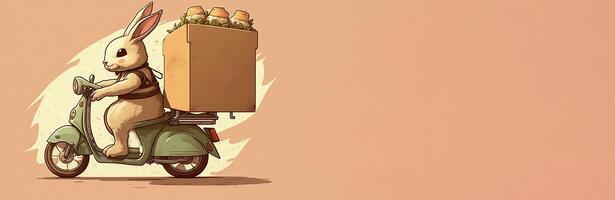 A beautiful illustration, a drawn rabbit delivering products and food in a box. . photo