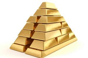 Gold bars stacked in a pyramid on a white background. Precious metal. . photo