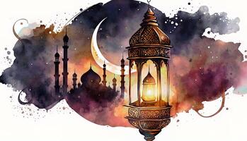 Watercolor painting Ramadan vibes a mosques landscape with candles lantern photo