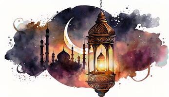 Watercolor painting Ramadan vibes a mosques landscape with candles lantern, photo