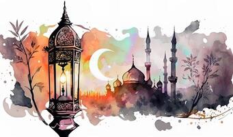 Watercolor painting Ramadan vibes a mosques landscape with candles lantern photo