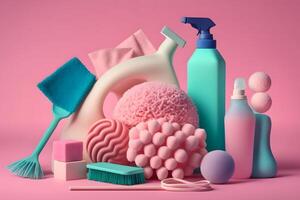 Creative still life with supplies for cleaning or housekeeping on podiums over pink background. Neural network photo