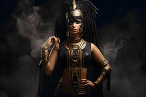 Egyptian goddess on black background. Neural network photo