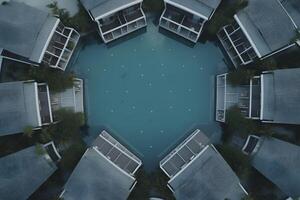 Aerial view of Maldives island, luxury water villas resort and wooden pier. Neural network photo