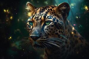 leopard portrait close up on dark background. Neural network photo
