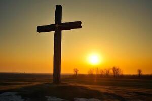 el crucifixión de el crucifixión de Jesús Cristo en el acantilados y montañas. neural red ai generado foto