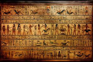 Ancient Egyptian drawings and hieroglyphs on the wall in the temple. Neural network photo