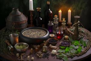 Witchcraft magical still life with alchemical bottles. Neural network photo