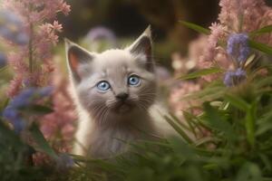 Cute little kitten walking in the garden. Neural network photo