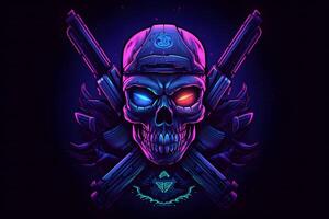 Purple punk cyber human skull with weapon. Neural network photo