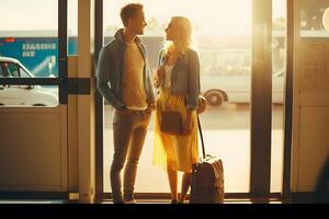 Family couple with luggage to the airport. Neural network photo