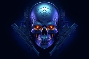 Blue punk cyber human skull with weapon. Neural network photo