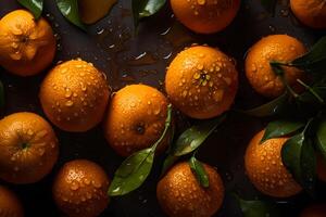 fresh orange fruits with leaves as background, top view. Neural network photo