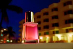 Perfume bottle on the background of the night neon city. Neural network photo