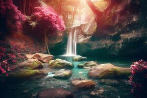 Beautiful fairytale landscape with a waterfall. Neural network photo