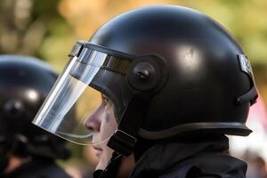 bajo ángulo de anónimo policía soldados en protector uniformes y cascos en pie en contra equipo camioneta y defendiendo por alboroto escudos neural red ai generado foto