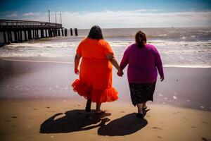 Two plus size overweight sisters twins women happy and proud of their bodies walking at the beach on summer holidays. Neural network photo