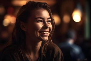 Portrait of a happy girl with a smile. Neural network AI generated photo
