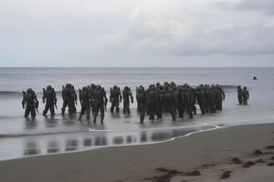 especial efectivo soldados con arma tomar parte en militar maniobra. guerra, ejército, tecnología y personas concepto. neural red ai generado foto