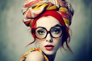 Close up portrait of young woman in turban. Neural network photo