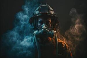 cerca arriba retrato de cara bombero vistiendo protector uniforme y un protector mascarilla. neural red ai generado foto