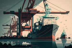 Crane loading cargo container import container ship in the international terminal logistic sea port concept freight shipping. Neural network generated art photo