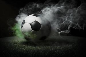 Traditional soccer ball on soccer field on green grass with dark toned foggy background. Neural network generated art photo