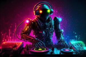 Robot disc jockey at the dj mixer and turntable plays nightclub during party. EDM entertainment party concept. Neural network generated art photo