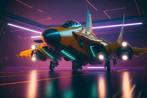 Modern futuristic destroyer jet in neon glowing light. Neural network generated art photo