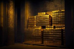 Stacks of gold bullion and safe deposit boxes in bank depository room. Neural network generated art photo