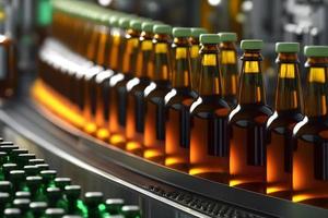 Beer bottles on the conveyor belt. Beverage manufacturing brevery. Neural network generated art photo