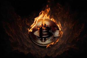 Burning bitcoin on fire flame on black background. Neural network generated art photo