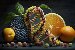 gmo comida y genéticamente modificado cultivos o diseñado agricultura conceptos Fruta y vegetales. neural red generado Arte foto