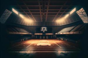 Interior view of an illuminated basketball stadium for a game. Neural network generated art photo