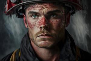 Portrait of firefighter dirty face in special helmet and firefighters uniform. Neural network generated art photo