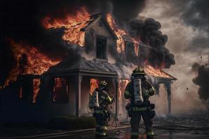 bomberos personal luchando fuego accidente a Noche. neural red generado Arte foto