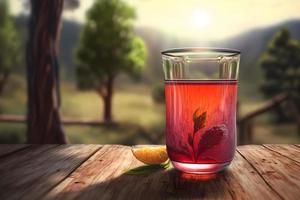 Glass of abstract fruit juice with fresh fruits on wooden table with summer field background. Neural network generated art photo