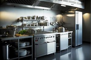 profesional restaurante cocina interior con Cocinando suministro y electrónica. neural red generado Arte foto